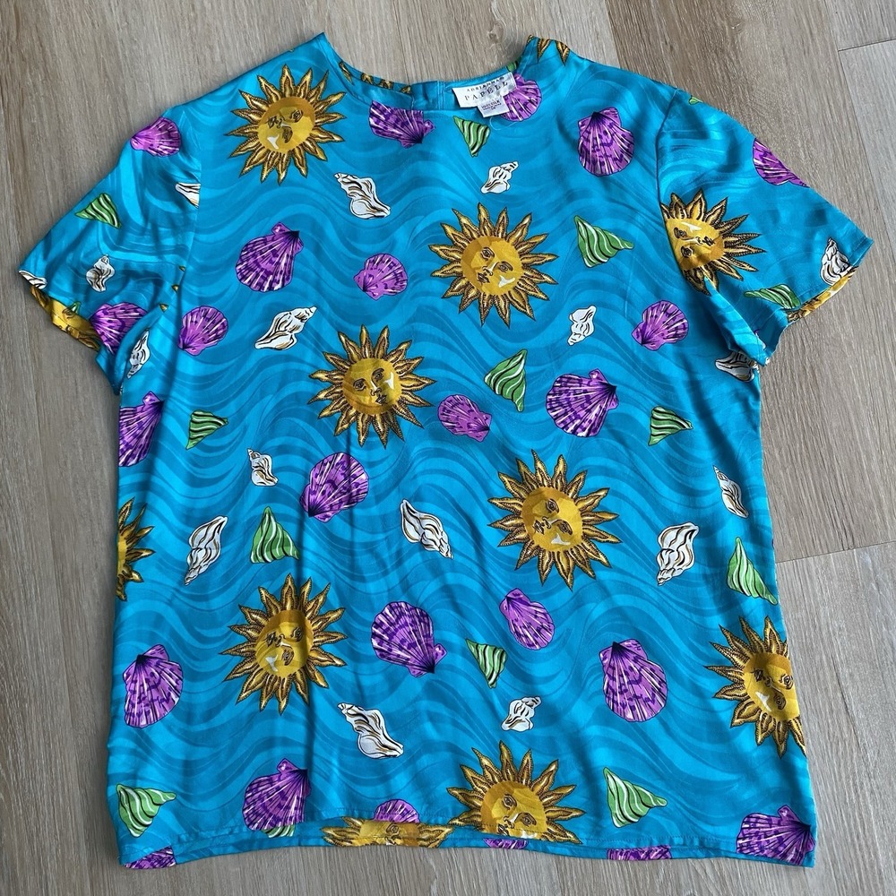 VINTAGE 90s ADRIANNA PAPELL WOMEN'S SILK  SHORT SLEEVE CELESTIAL BLOUSE BLUE  14